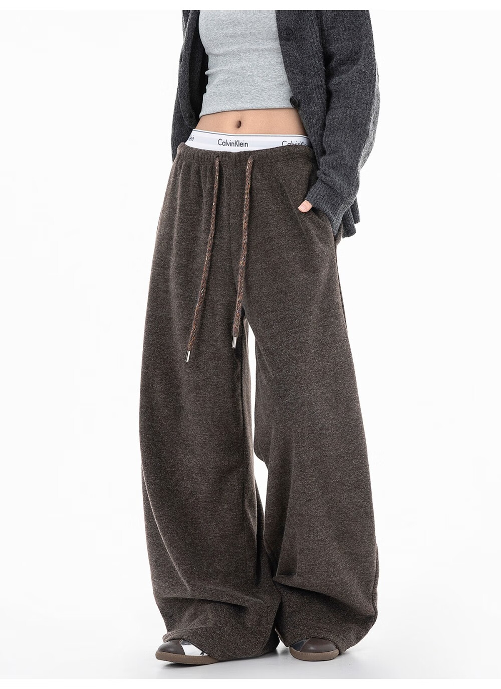 ICH MODE Women's American Style Fleece-Lined Casual Loose Fit Lazy Straight Wide-Leg Sports Pants Thickened Sweatpants Glutinous Rice Color XL 17