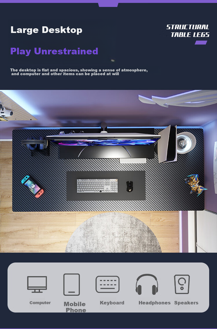 Yameile Computer Desk, Thickened And Reinforced Desktop, Study Table, Office Home Simple Gaming Desk, Black, 100*50 3