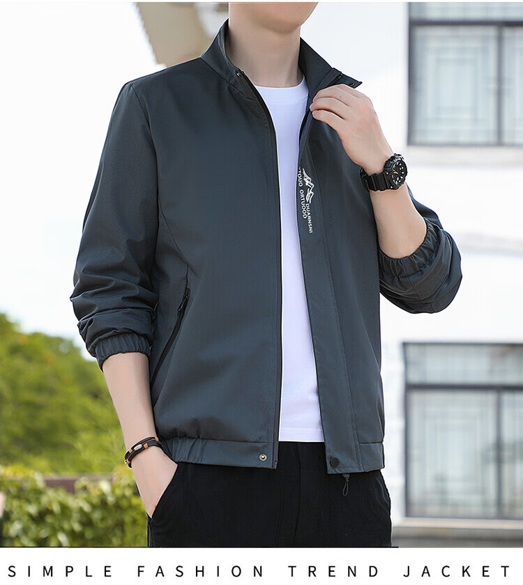 TUCANO Men's Spring Autumn Stand Collar Windproof Solid Color Casual Fashion Versatile Jacket Dark Gray L 18