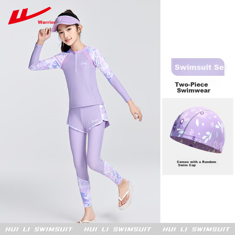 Huili Children's Swimsuit, Girls' Long-Sleeve Swimwear, for Older Kids And Girls, Two-Piece Swimming Costume 35342H1M, Purple, Size 135