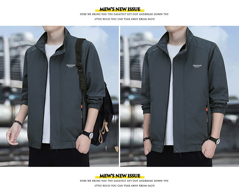 Jeanswest Men's Outdoor Sports Jacket Spring Autumn Coat Winter Trendy Simple Fashion Stand Collar Waterproof Casual Loose Top Dark Gray 2XL 2
