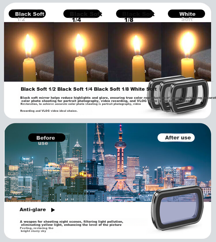 Yingshijiang Pocket 3 Filter Magnetic Quick-Release Adjustable ND Neutral Density Filter Set, 1/4 Black Soft CPL Polarizing Starlight, Pocket Camera Lens Accessories, Teleconverter 6
