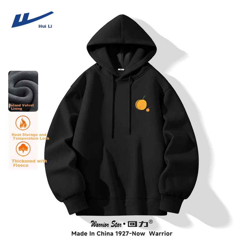 Warrior Fleece-Lined Thick Sweatshirt for Men And Women, Winter Loose Hooded Jacket, Couple's Sports Pullover, Black, 2XL