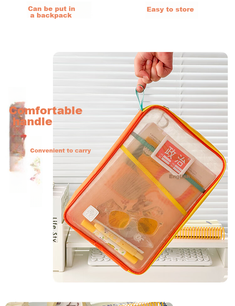 Sannianerban Zipper Large-Opening Mesh File Bag, Student Subject Bag, Handheld Book Bag, Exam-Specific Bag, Tutoring Bag, Document Storage Bag, Sea Salt Lemo 6