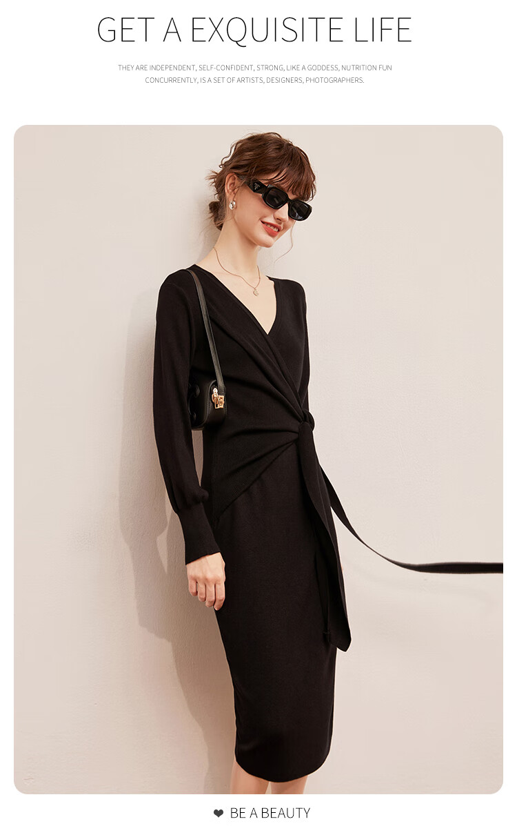 LOUISYAO Spring Autumn V-Neck Tie Design Slim Fit Slightly Stretchy Mid-Length Elegant Knit Dress Dark Coffee S 16