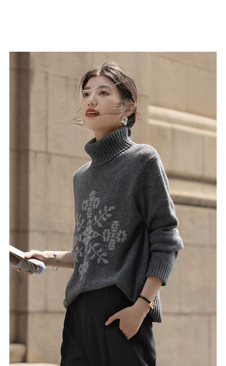 Demana Snowflake Secret Winter Turtleneck Colorblock Jacquard Loose Drop Shoulder Knit Sweater for Women 1