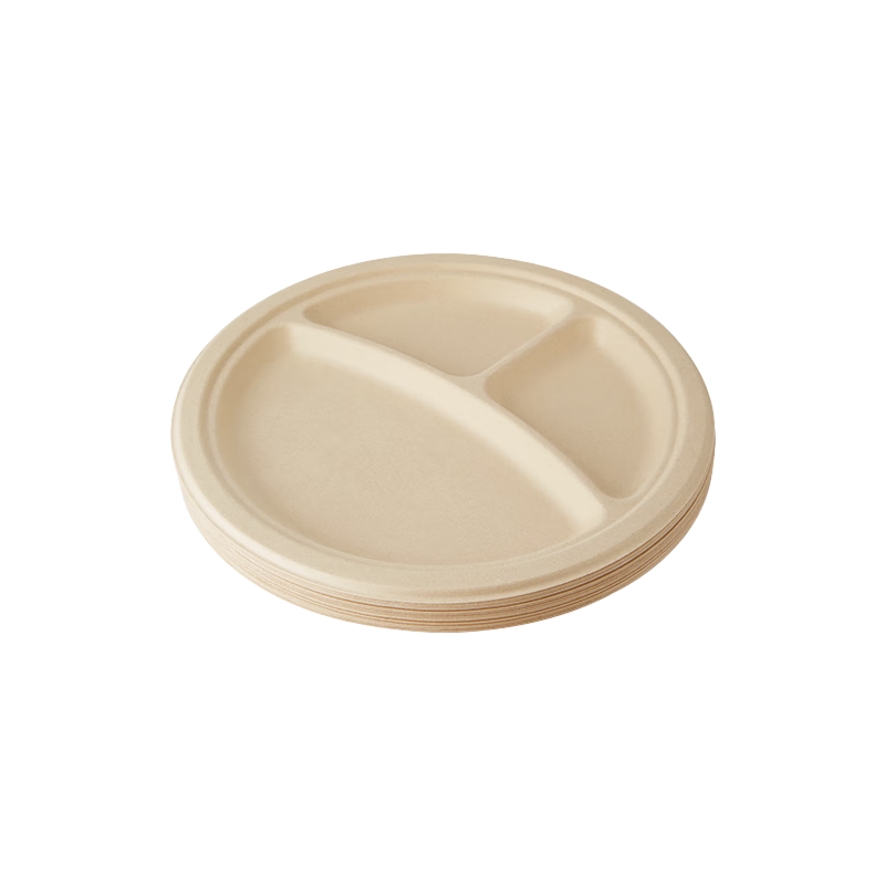 Jiamo Sugarcane Pulp Paper Plates, Disposable Tableware, Waterproof And Oil-Resistant, Biodegradable Round Plates with Three Compartments, 8.86 Inches, Pack of 20
