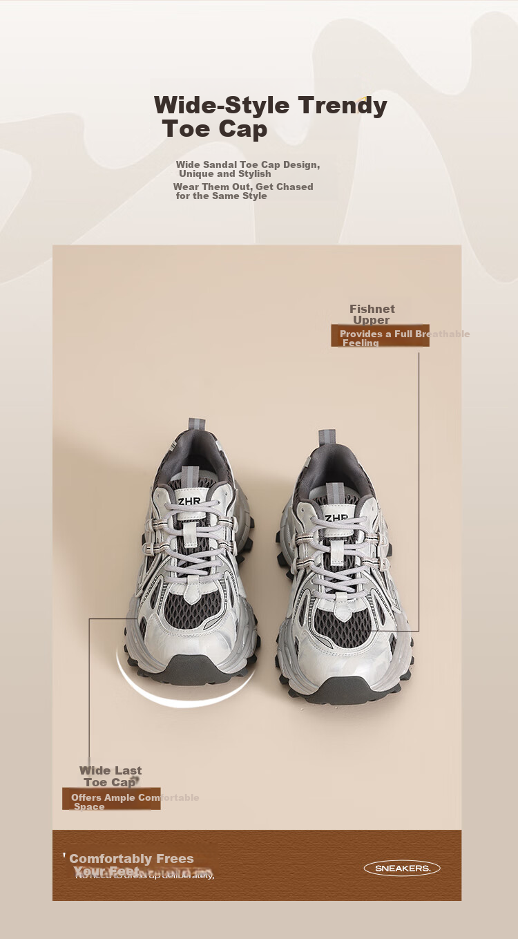 ZHR [Shen Yue Same Style] Thick Sole Dad Sneakers Women Height Increasing Casual Sports Shoes KS251F Gray Size 38 7