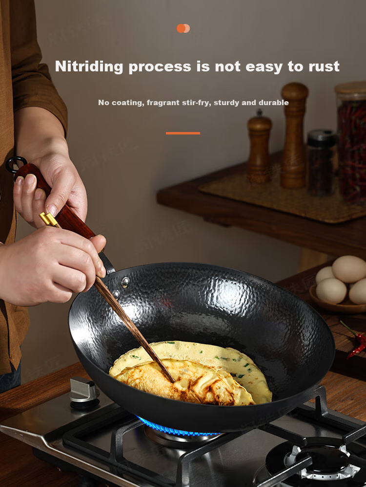 Yantiejiang Iron Wok, Traditional Round Bottom Pan for Stir-Frying, No Coating, Pure Iron, Old-Style Design for Gas Stoves, Preheated, 34cm 3