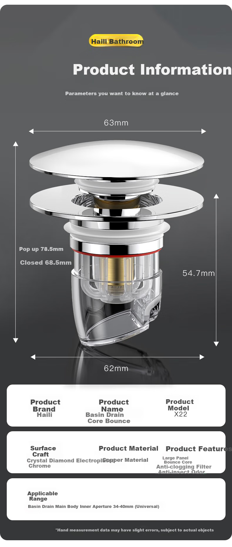 Haili Copper Sink Drain Stopper, Bathroom Countertop Drain, Pop-Up Core Filter, Anti-Odor Device X22 10