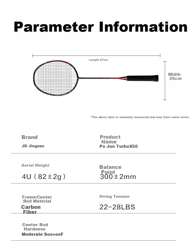 JD Original Baojun 50Pro Full Carbon 4U Ultra-Light Badminton Racket, Single Racket with Colorful Design, Includes 2 Grip Tapes + Racket Case / Black And Red 9
