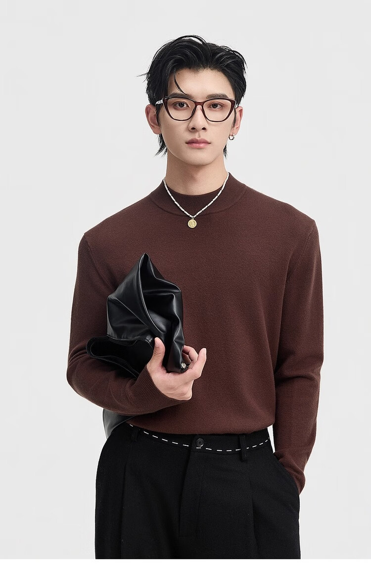 Earl Zuoer [Lycra Tencel Wool] Early Winter 25 Crew Neck Pullover Knit Base Shirt Men's Solid Loose Sweater 46