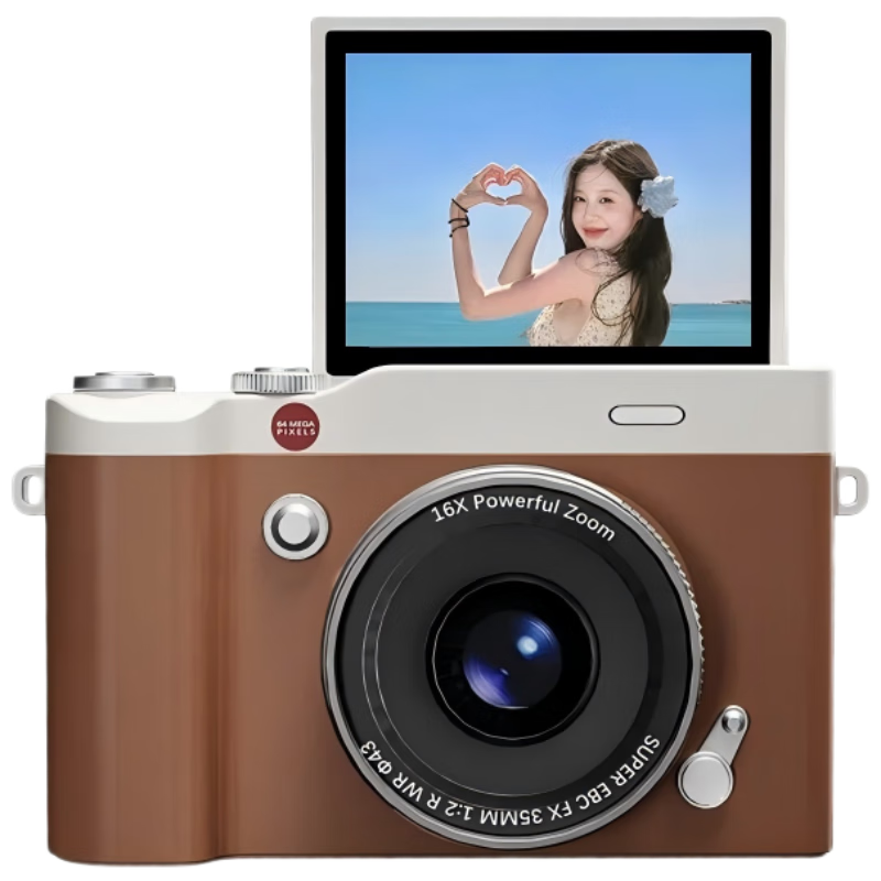 Black Cat Diary DK15 Digital Camera Y02 Instant Camera CCD Handheld Portable Photography Recorder HD Beauty Selfie Flip Vlog for Students and Children Brown