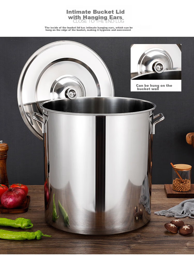 Quanshi Stainless Steel Bucket with Lid, Thick Soup Bucket, Large Water Storage Container, 35*35cm, Commercial Kitchen Utensil for Canteen, Hotel And Restaurant Use 9