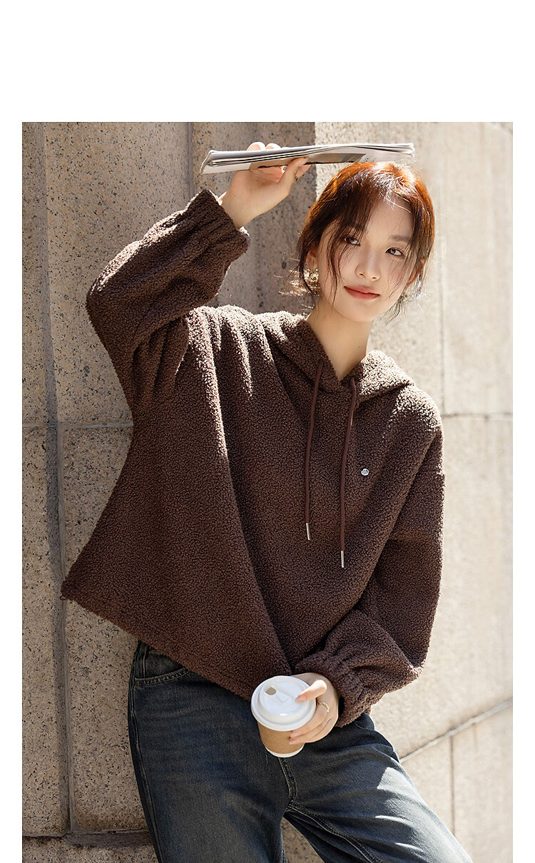 Demana [Relaxed Urban] Winter Warm Faux Lambswool Hooded Colorblock Drawstring Long Sleeve Loose Comfortable Women's Sweatshirt 3