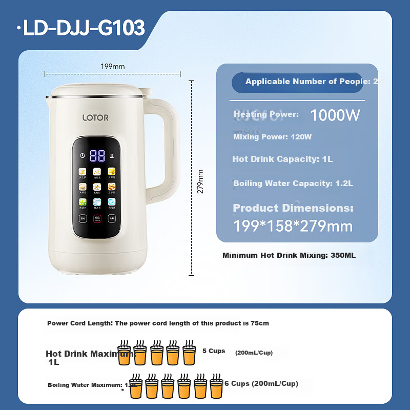 Автоматический блендер LOTOR DJJ-G103, стационарный, 1.2 л, белый