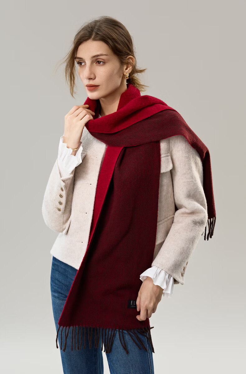 ELLE Gift Box 100% Wool Double-Sided Women's Scarf Autumn Winter Warm Red Scarf New Year Gift 3