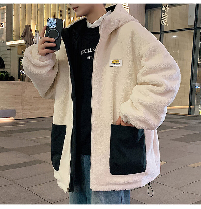 Miiow Men's Autumn Winter Cotton Jacket Lamb Wool Fleece Lined Casual Hooded Puffer Coat Gray Green 2XL 18