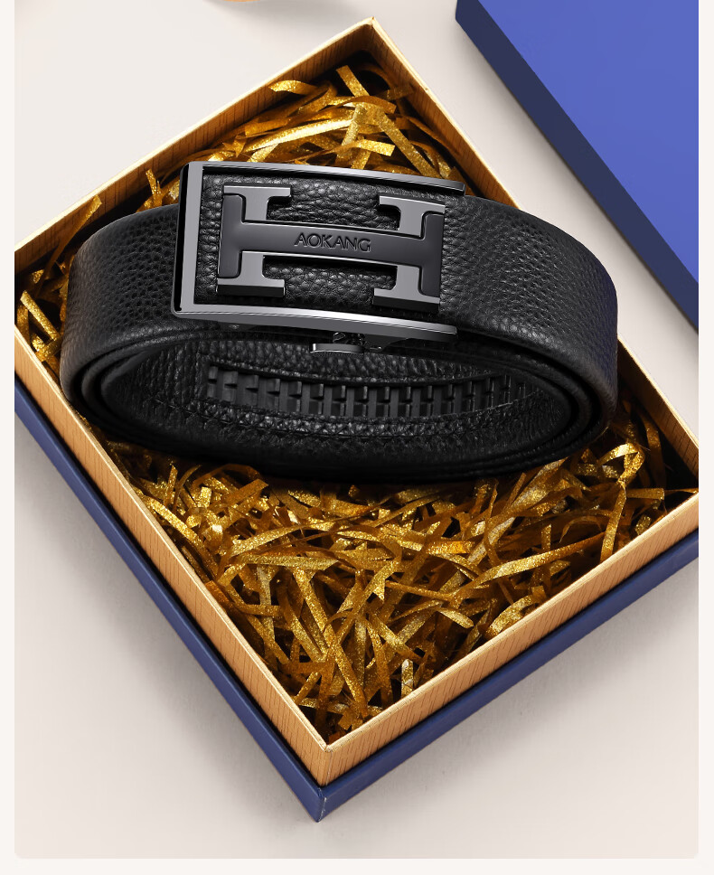 Aokang Men's Genuine Leather Belt, First Layer Cowhide, Flexible and Durable, Automatic Buckle, 115cm, Gunmetal Buckle, Gift for Men 11