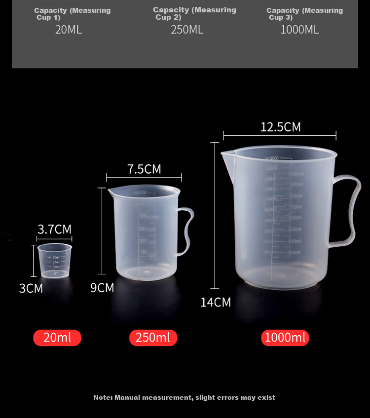 BJ Measuring Cups, 1000/250/20ml Plastic Measuring Cups, Heat-Resistant Graduated Measuring Cups, Baking Tools, Set of 3 8
