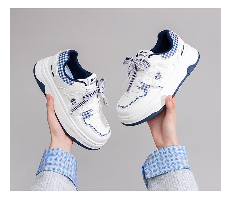 Warrior Women's White Shoes Spring and Autumn New Casual Versatile Creative Bowknot Sports Thick Sole Sneakers Beige Deep Blue 37 6