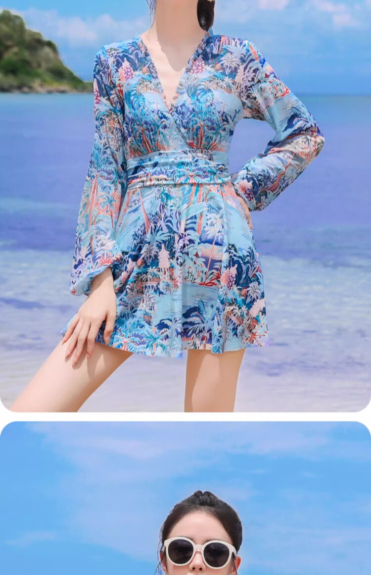Xtep Women's Long Sleeve Swimsuit High-End Fashion Conservative Slimming One-Piece Skirt Style Plus Size Girl Tummy Control Hot Spring Vacation Swimwear 16