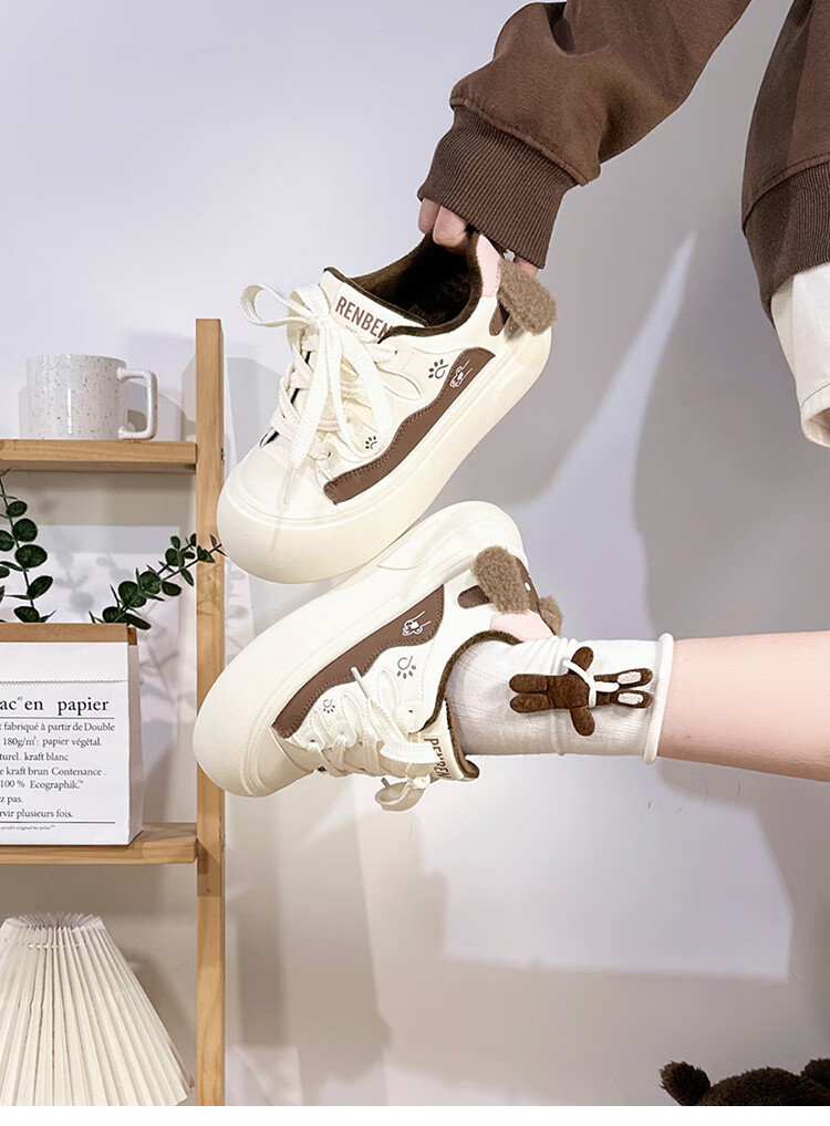 Renben Fleece-Lined White Sneakers for Women Cute Puppy Low-Top Original Casual Thick-Soled Warm Cotton Shoes Trendy Female 12