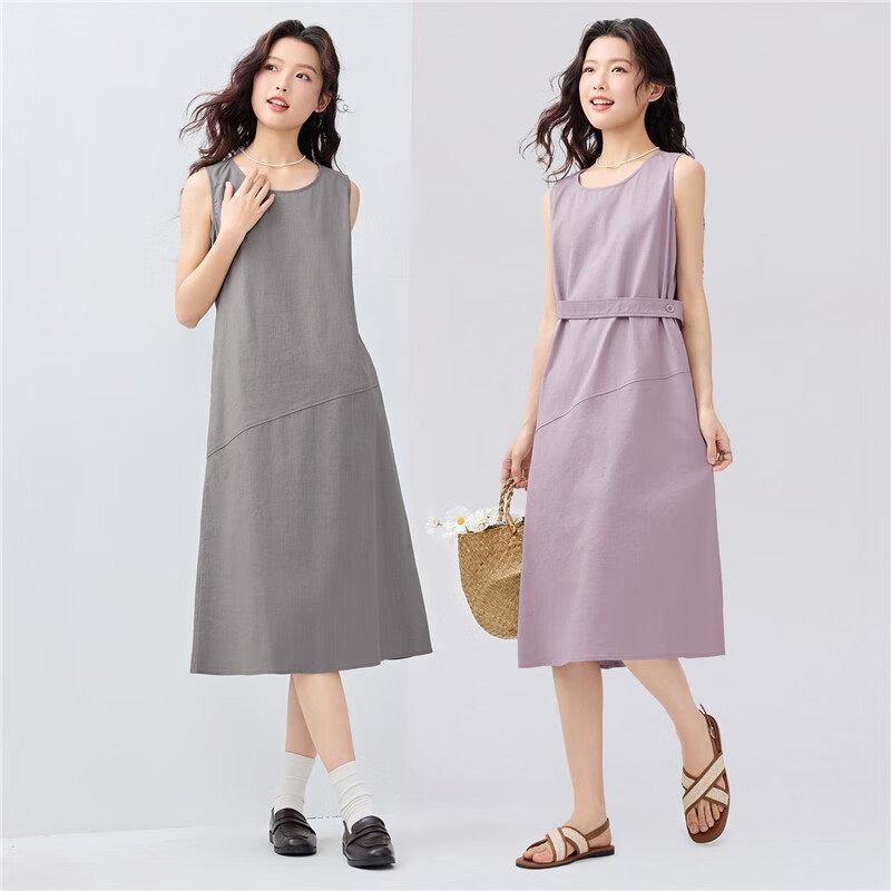 Giordano Women's Summer Dress, Lyocell Solid Color Waist Belt Round Neck Vest Dress 13465321