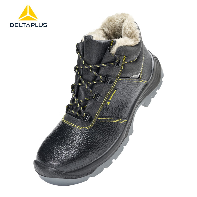 DELTAPLUS Classic 3rd Generation Safety Work Shoes Wide Toe Cap Anti-Smash Anti-Puncture Anti-Static Cowhide Oil-Resistant Durable 301114 Mid-Top Fleece-Lined Black Size 45