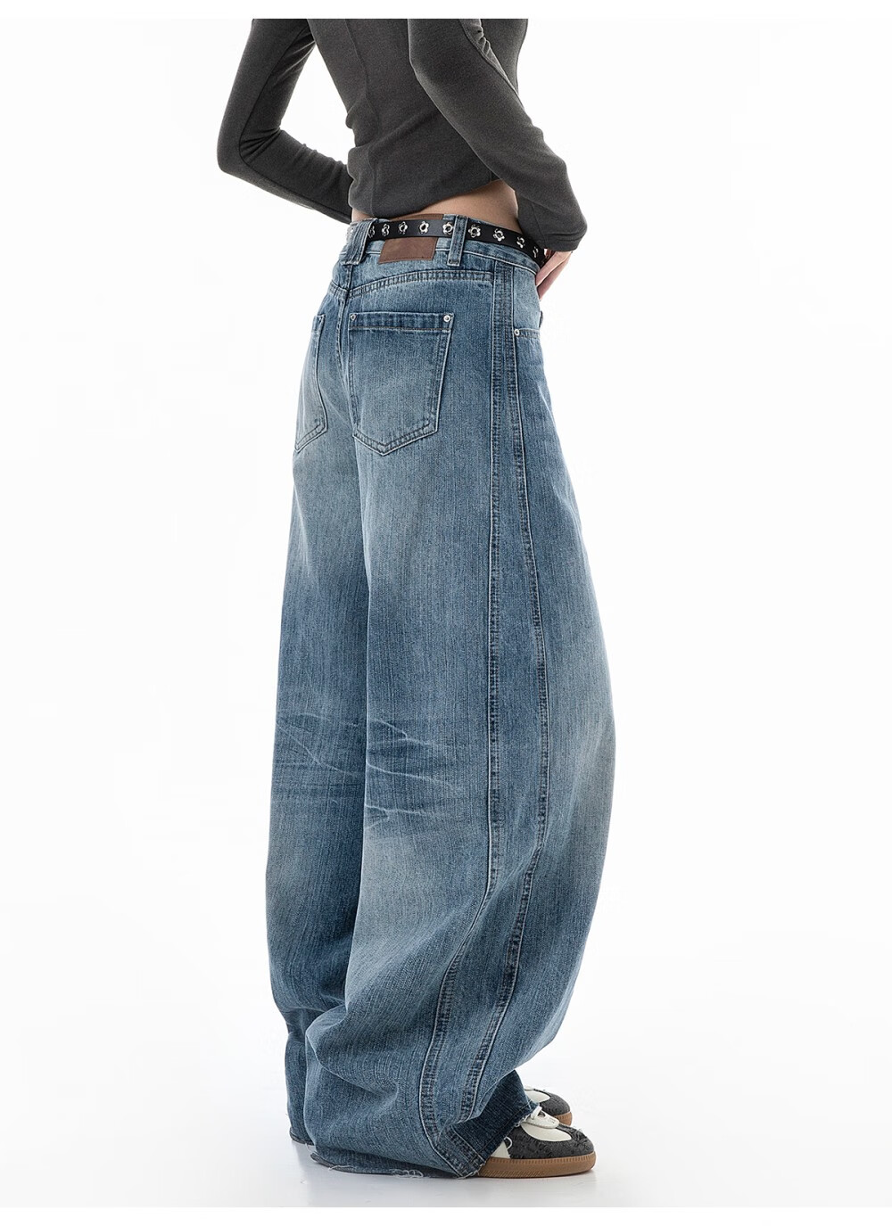 ICH MODE Women's American Vintage Washed Denim Jeans Spring Autumn Loose Straight Leg Curved Cut Casual Wide Leg Pants Blue XL 16