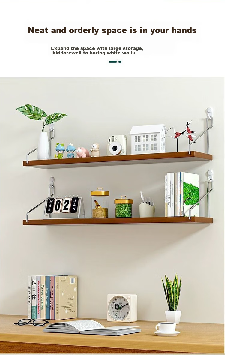 Ourunzhe Wall-Mounted Storage Rack, Single Bar Shelf, No Drilling Required, Wall-Mounted Set-Top Box Organizer, Natural Wood Color, 50cm Single Unit 8
