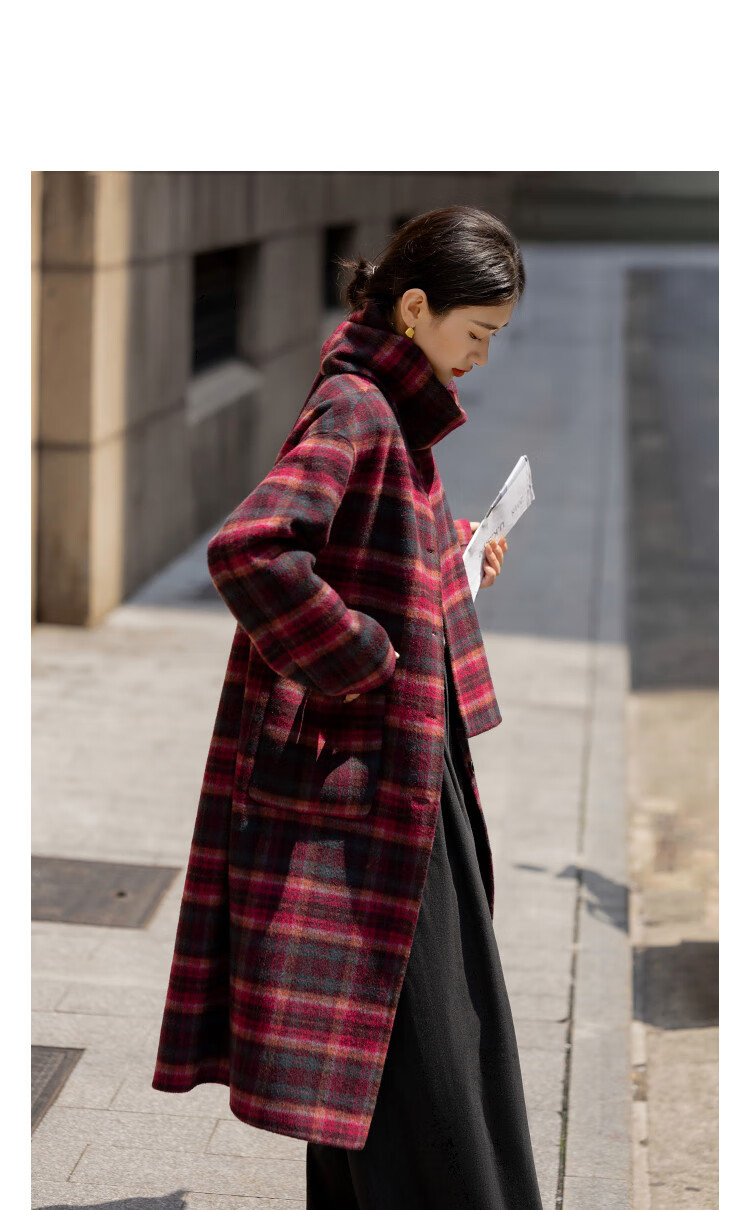 Demana Handmade Double-Sided Wool Blend Plaid Tassel Scarf Women's Winter Modern Lambswool Coat 1