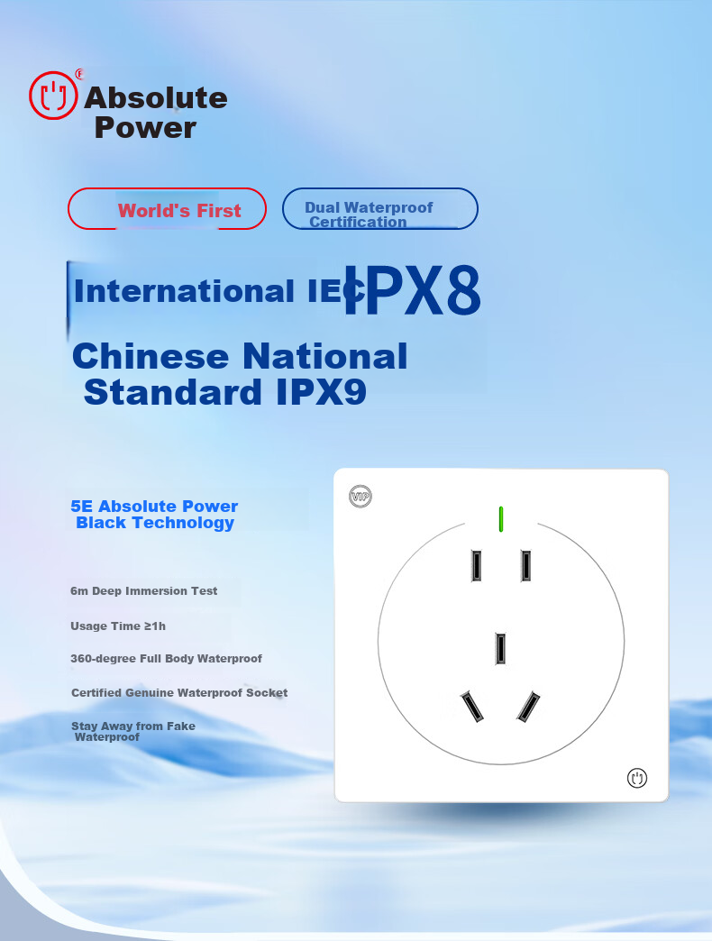 Absolute Electric Waterproof Socket Panel 86 Type Surface and Flush Mounted 10A Five-Hole Socket Spray and Steam Resistant IP54/55 Dual Certified Eagle Gray 1