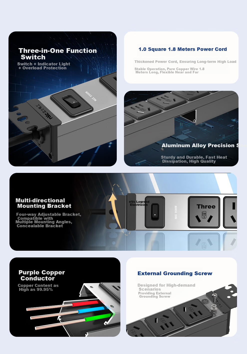 NVCleishidiangong PDU Cabinet Socket, 8-Outlet Master Control, Industrial-Grade Lightning Protection, Overload Protection, Gaming-Specific, Aluminum Alloy Body, 1.6m-2m Cable Length, EP481G M04 2