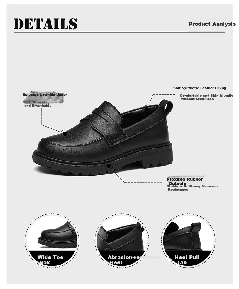 Yierkang Children's Penny Loafers, Autumn Cowhide Slip-On Shoes for Boys And Girls, Black School Performance Leather Shoes, Black, Size 37 1