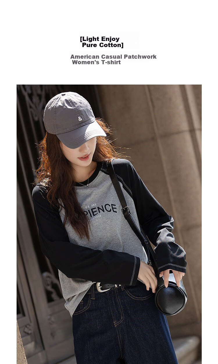 Demna【Light Enjoy Pure Cotton】Autumn American Leisure Splicing Round Neck Letter Print Elasticity Slimming Temperament Women's T-shirt 1