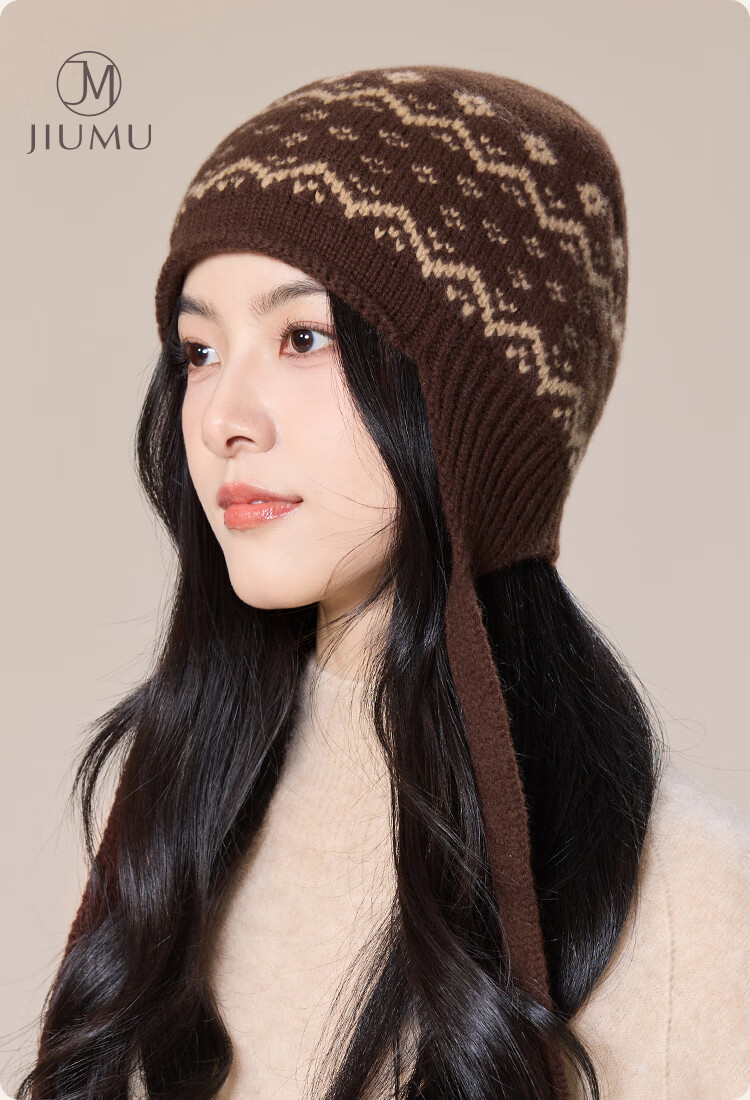 JIUMU Pure Wool Warm Knitted Beanie Autumn Winter Cold Weather Outdoor Ear Protection Hat for Women 1