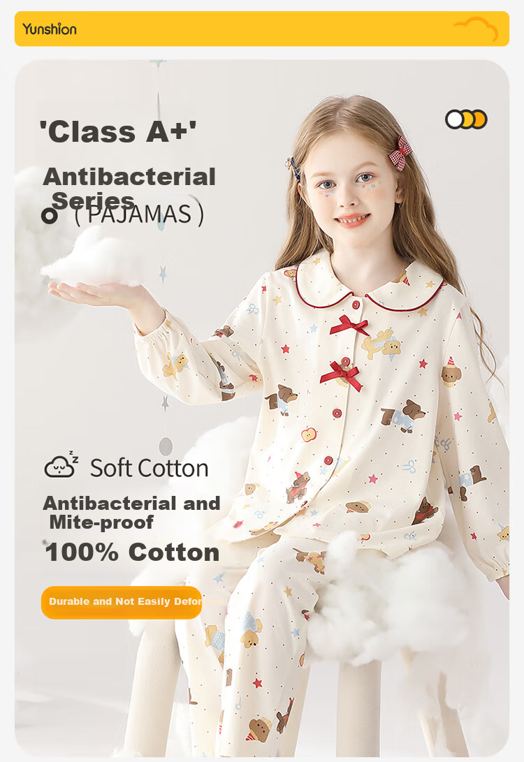 Yunxiangyi Girls' Autumn Pajamas, Class A Antibacterial Pure Cotton Star Party Dog Pajama Set, Size M 1