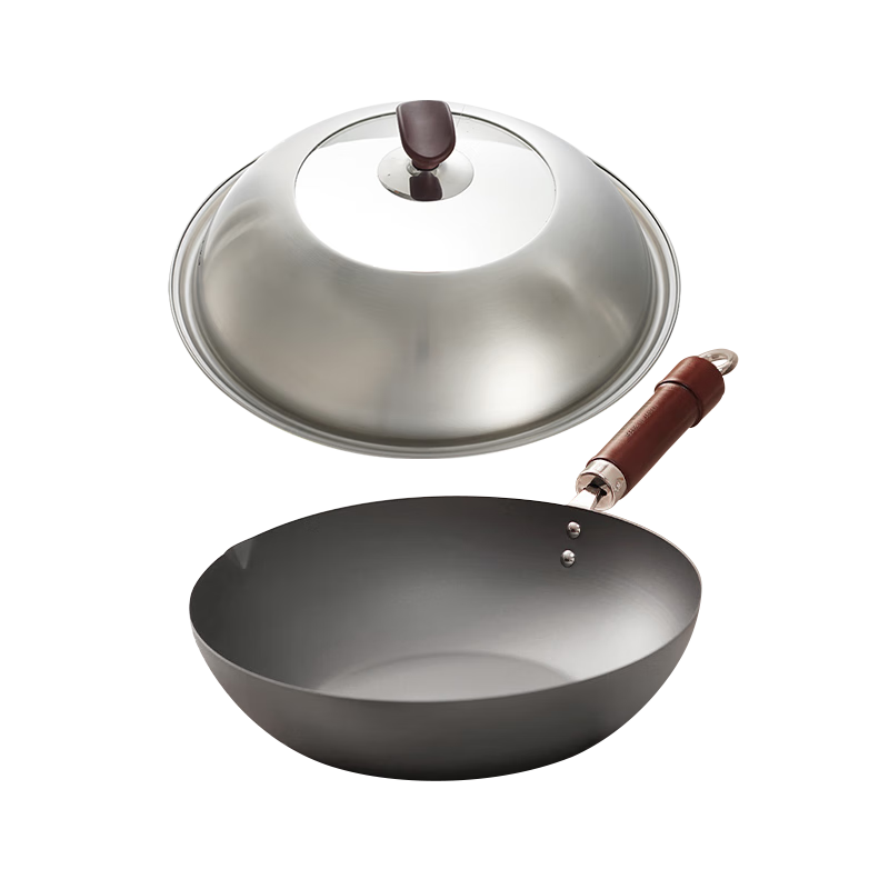 RIVER LIGHT Japanese Iron Wok, Non-Coated Pure Iron Stir-Fry Pan, Flat Bottom Pan Set, 30cm, Compatible with Induction And Gas Stoves