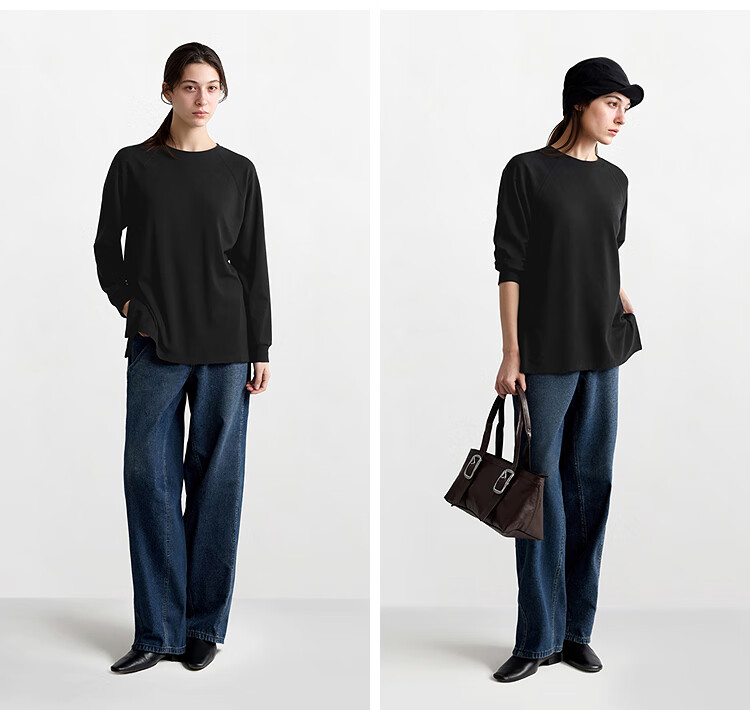 Semir Women's Long Sleeve T-shirt Loose Fit Thermal Solid Color Drop Shoulder Sleeve 2025 Winter Fleece Split Hem 109725101002 5