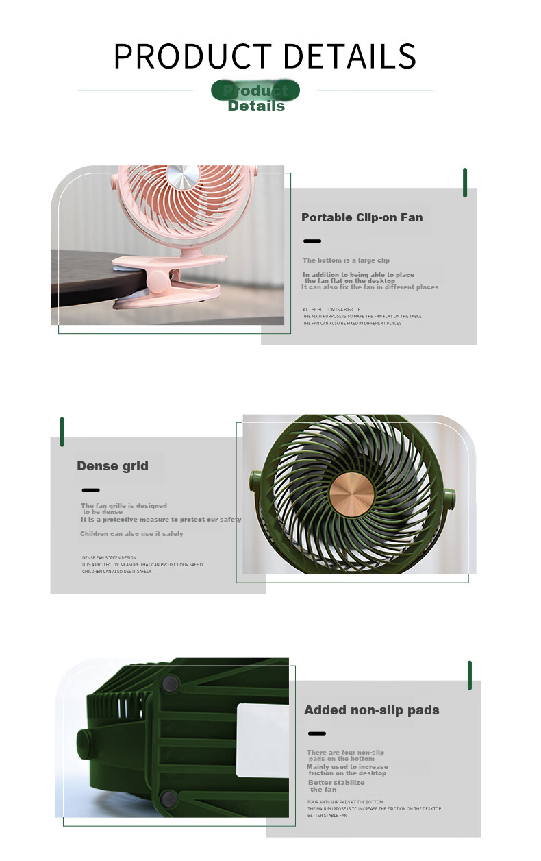 Siyicai USB Desktop Portable Clip-On Mini Fan, Quiet Small Electric Fan for Home Bedroom Student Dorm Office Desk Fan YS2260 Glass Gree 7