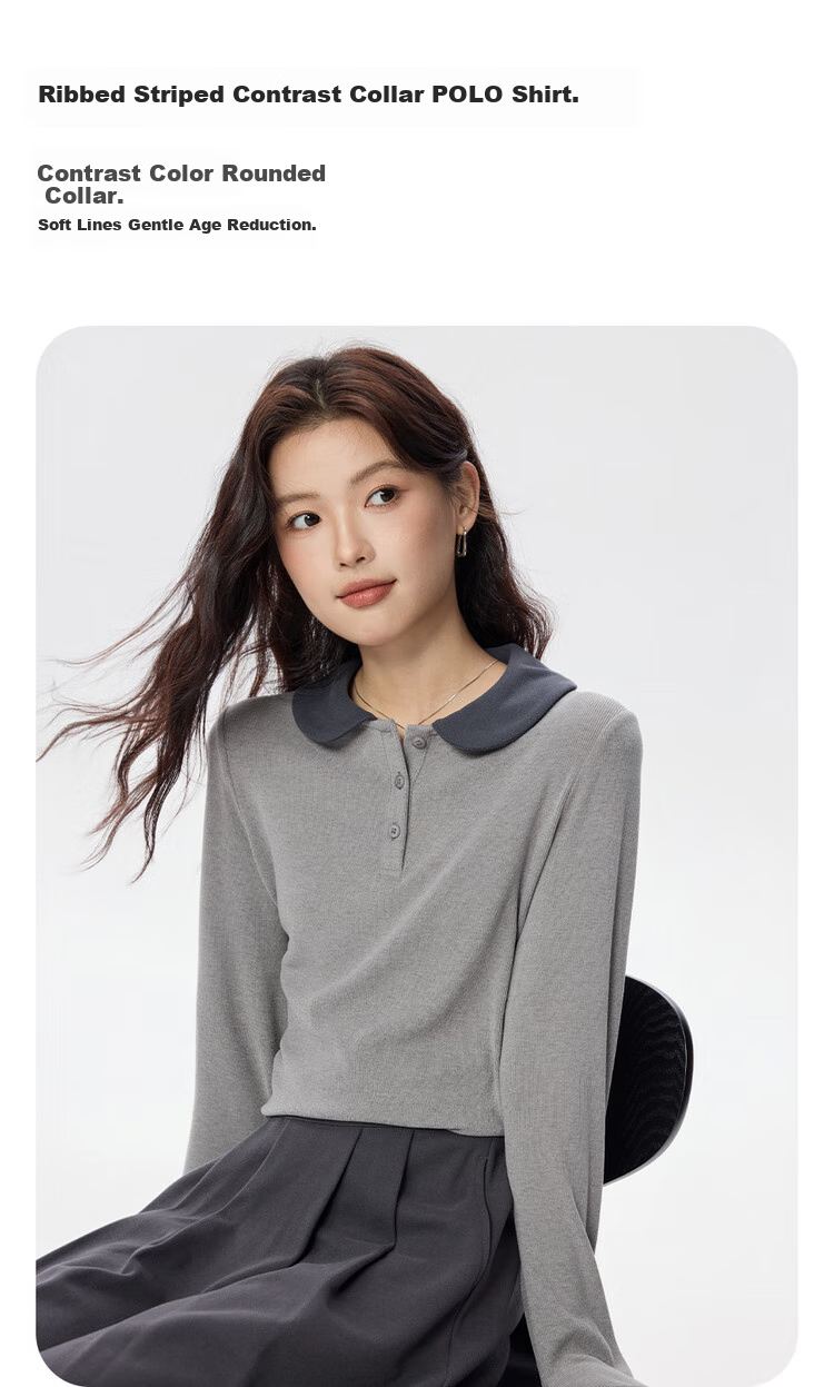 UNIQLO Women's Polo Ribbed Fine Pique Striped Contrast Doll Collar Knit Long Sleeve POLO05315789 3