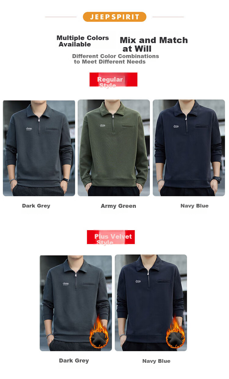 JEEP SPIRIT Men's Sweatshirt, Spring Season, Lapel Collar, Half-Zip, Loose Casual Top, Dark Gray, 4XL 4