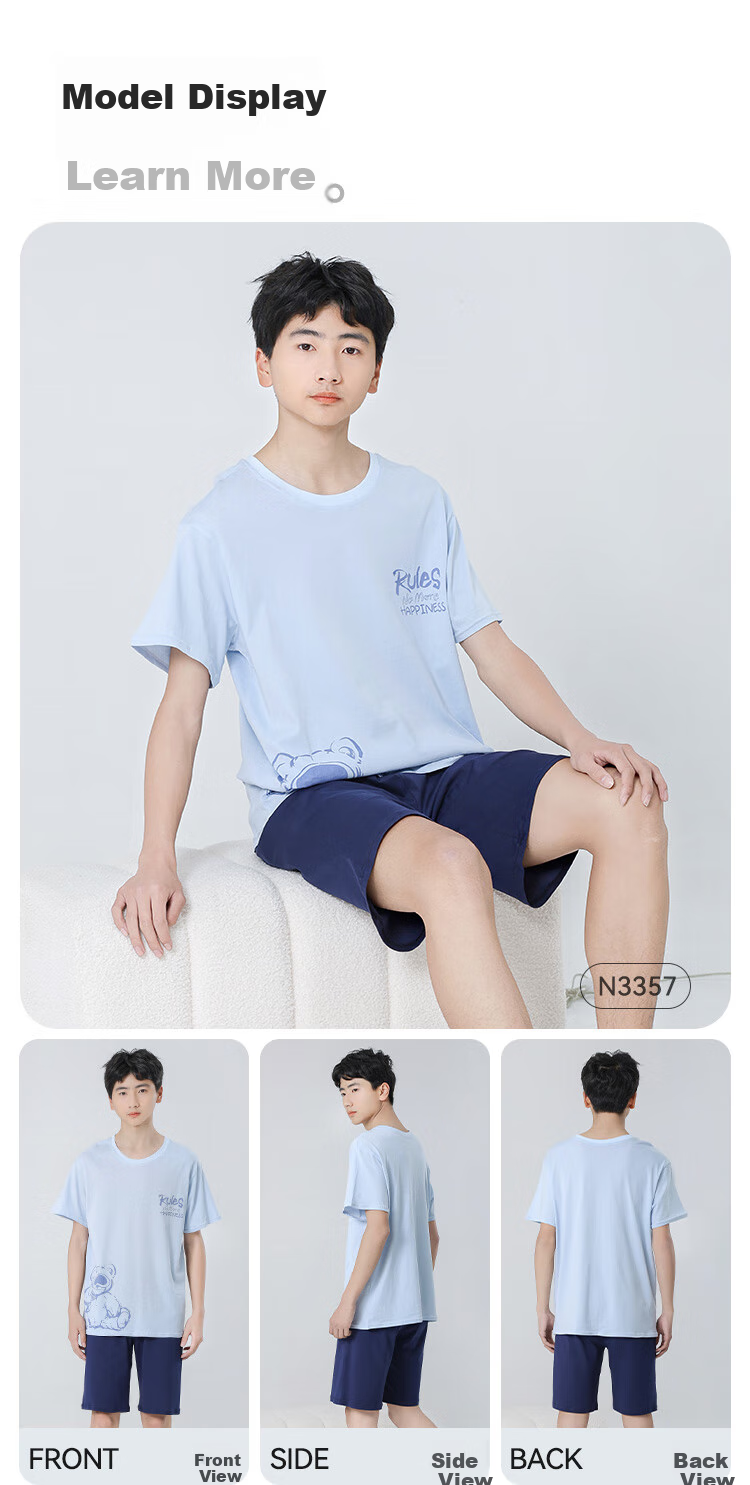 Hodo Youth Short-Sleeve Pajama Set, Summer Wear for Boys And Girls, Middle School Students, Pure Cotton Loungewear, Suitable for Outdoor Wear, N3357, Light Blue, Size 170 7