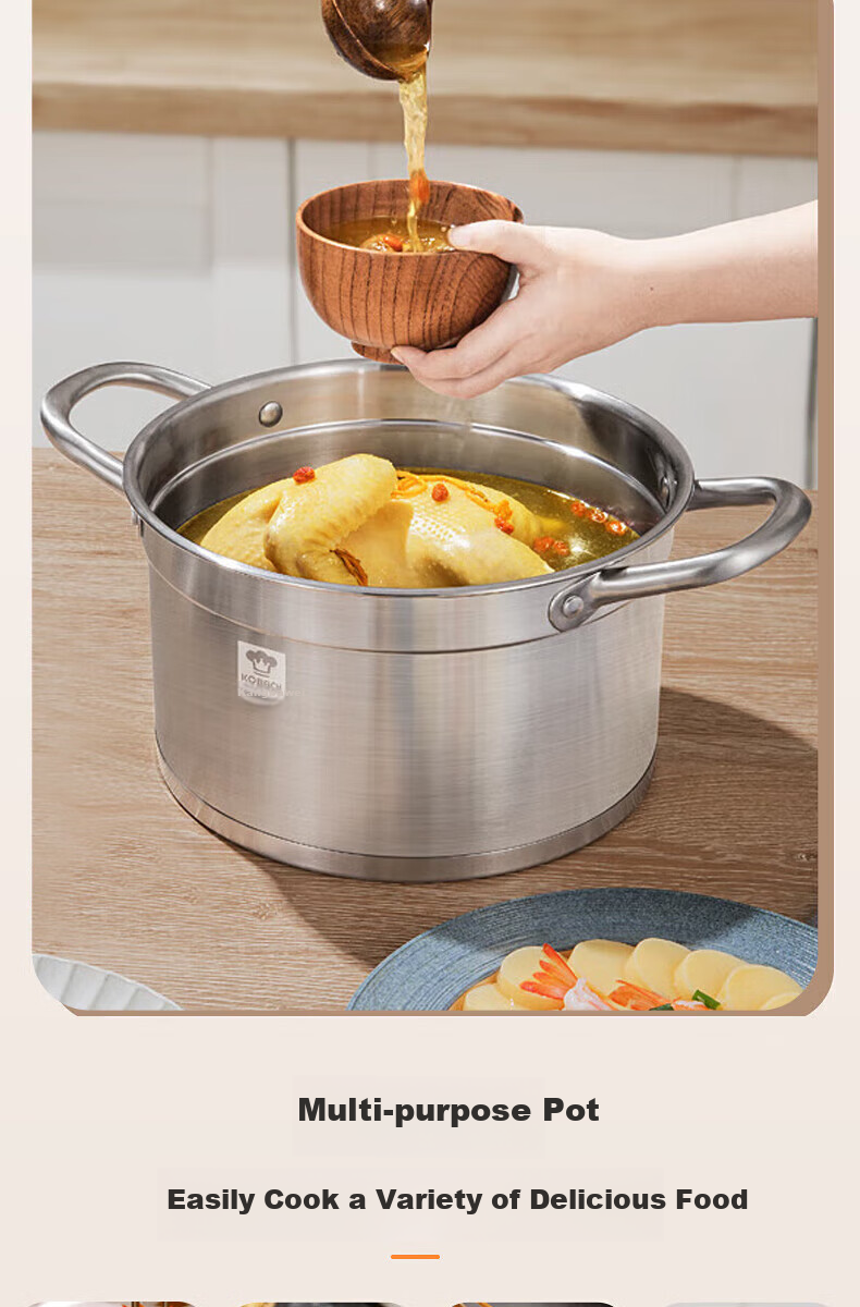 KOBACH Thickened 304 Stainless Steel Large Capacity Stew Pot with Double Handles, Anti-Scalding Noodle Cooking Pot, 24cm, Dishwasher Safe 8