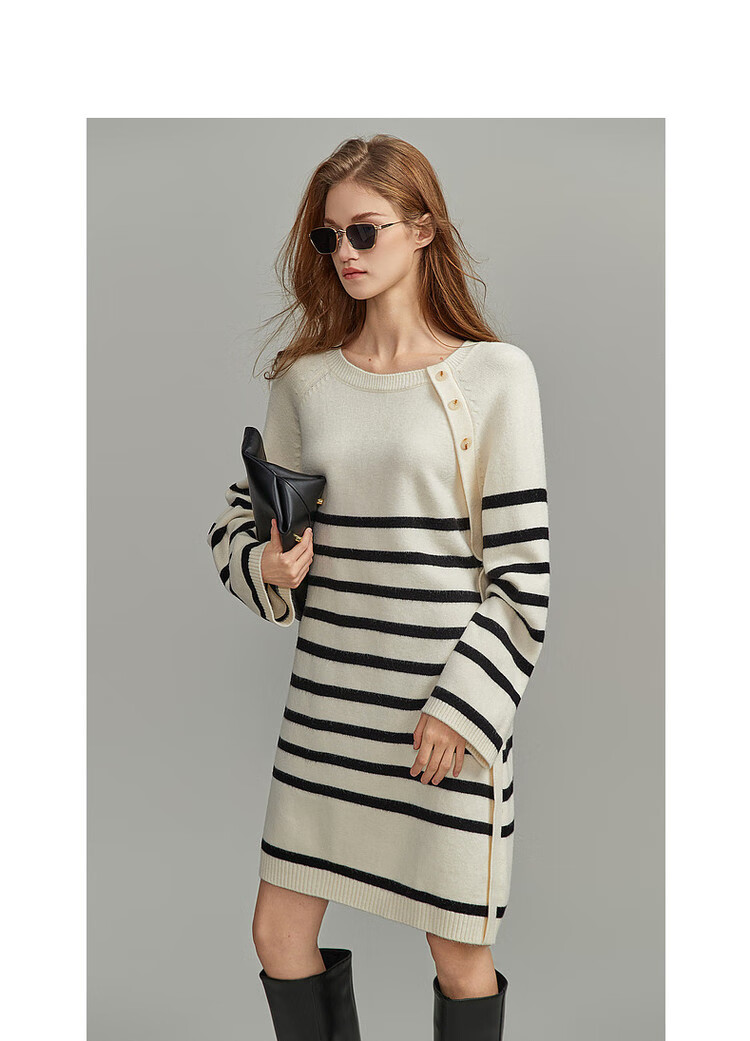 Demana Minimalist Spring Autumn Crew Neck Striped Velvet Yarn Straight Asymmetric Button Mid-Length Dress for Women 7