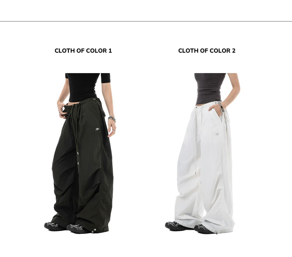 ICH MODE Women's American Style Paratrooper Cargo Pants Drawstring Sports Pants Straight Loose Wide-Leg Casual Pants Green M 3