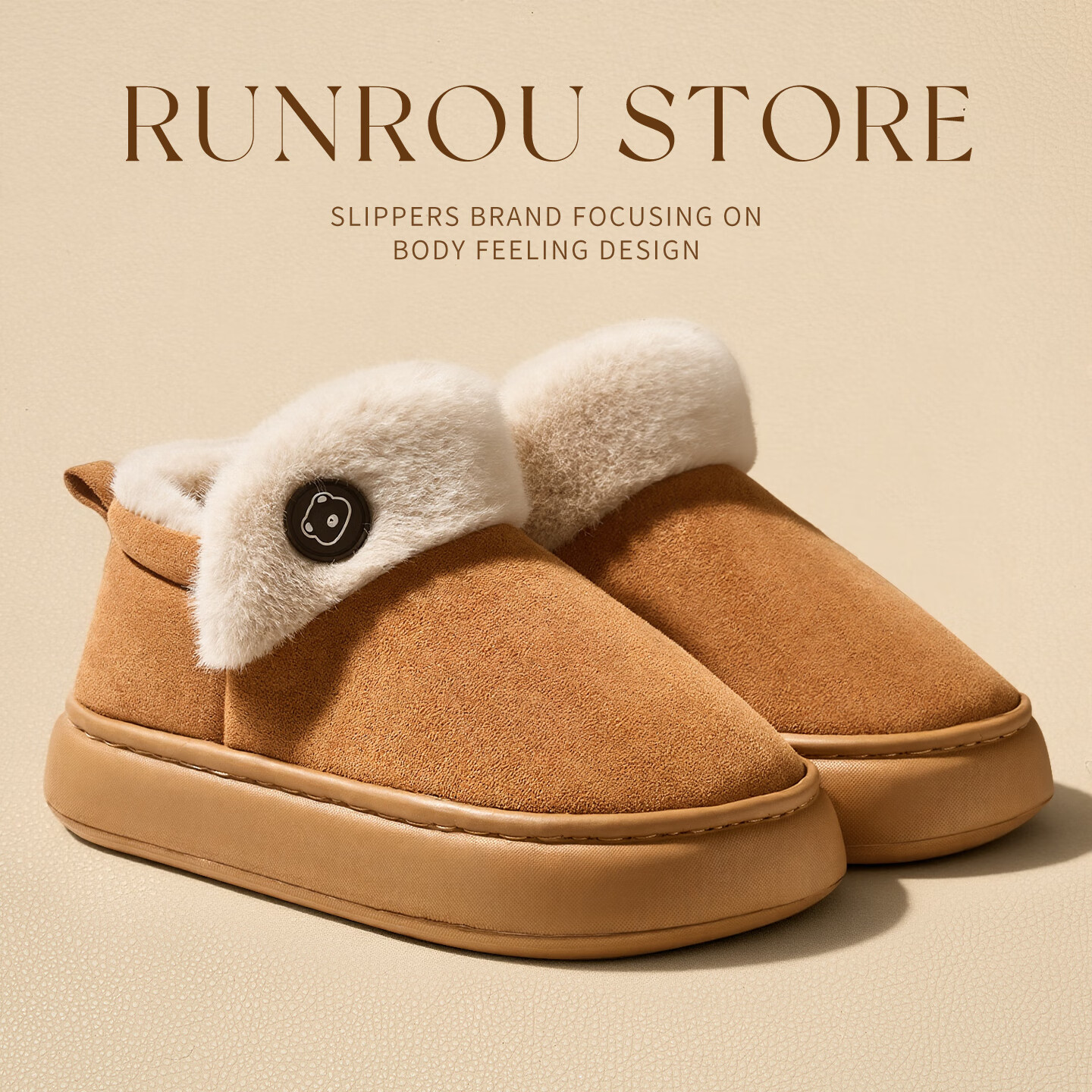 Runrou Women's Fully Covered Cotton Slippers Autumn Winter 2025 New Plush Warm Furry Cotton Shoes Snow Boots Winter
