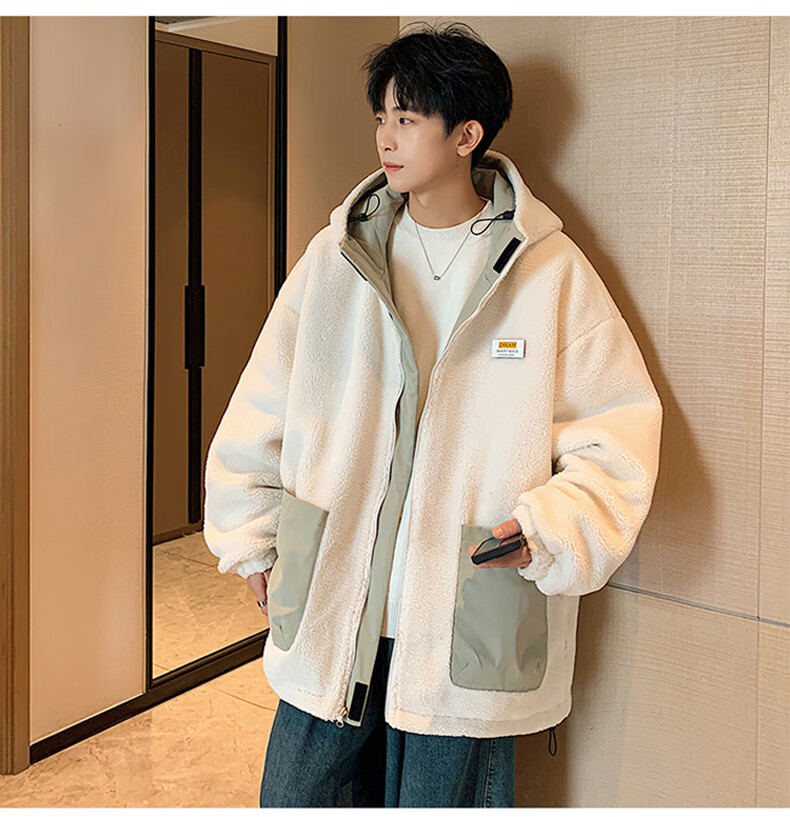 NASA MARVEL Men's Winter Cotton Padded Hooded Jacket Lamb Wool Warm Couple's Puffer Coat Black 3XL 3