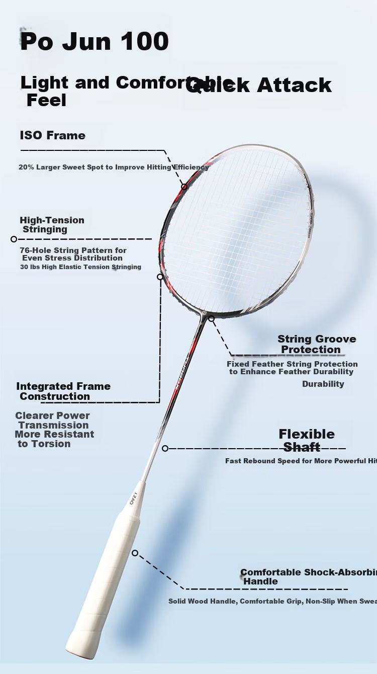 JD Original Paojun 100 Full Carbon Ultra-Light Badminton Racket, 4U Pre-Strung 32 Lbs Offensive Type, Secondary Shaping 4